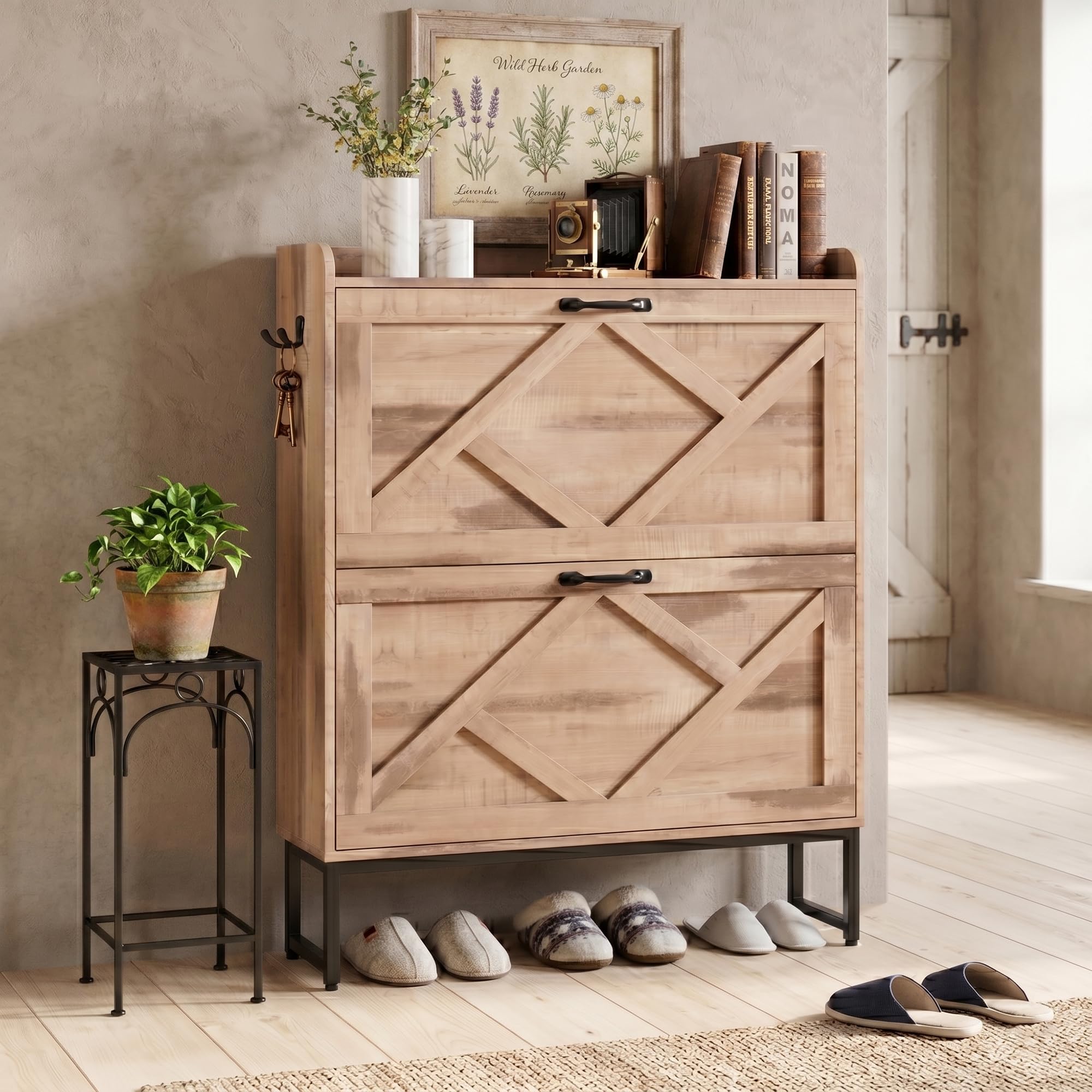 Nicetree Shoe Storage Cabinet with 2 Flip Drawers, Entryway Organizer, Oak
