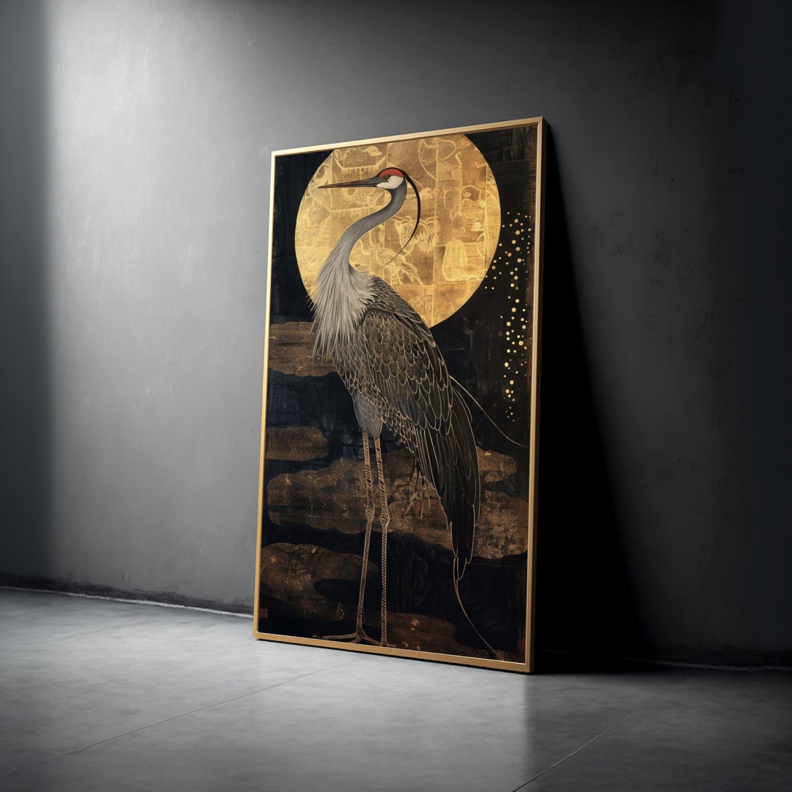XINBAO Obraz ścienny na płótnie, złoty księżyc, ilustracja Zen, nowoczesny obraz pierzastych dzikich zwierząt (60 x 105 cm/rama wewnętrzna)