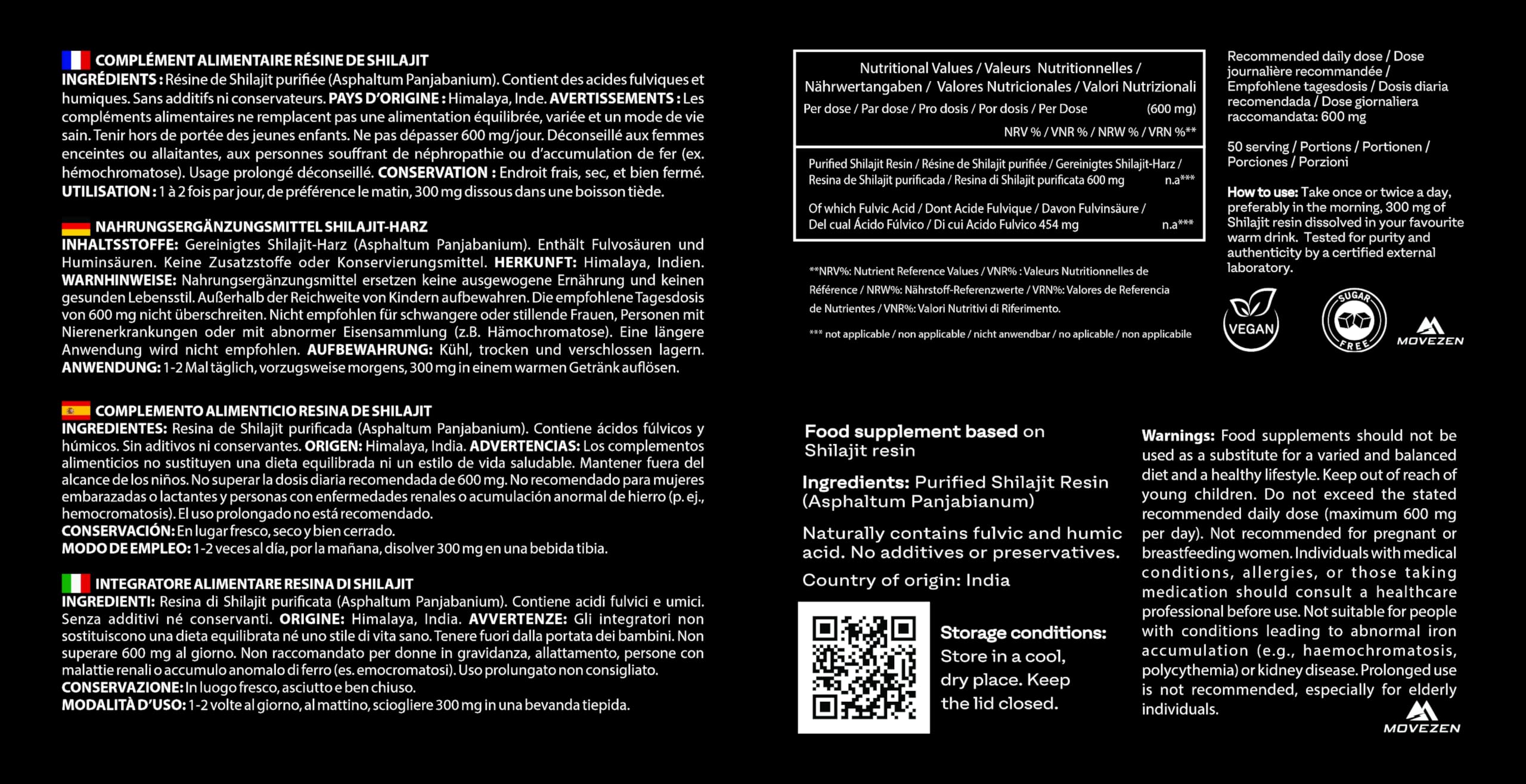 Shilajit Puro Movezen 30 g, Resina Pura di Shilajit +, >75% Acido Fulvico Testato Eurofins, Origine Himalaya Fino a 5000 M, Ricco di Minerali, Senza Additivi, Qualità, 50 Giorni, Cucchiaino Incluso