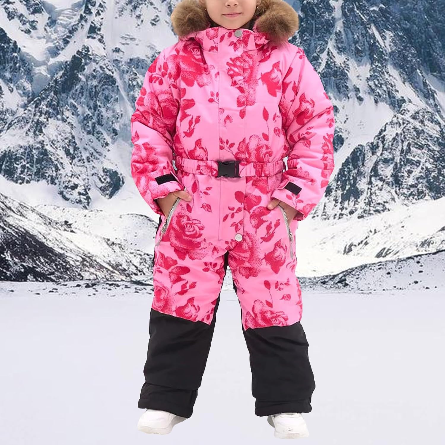 Unisex Kids Snowsuit Waterproof Ski Suit Girls Floral Snow Suit Boys Insulated Ski Jumpsuit Warm Padded Coverall Snowboarding