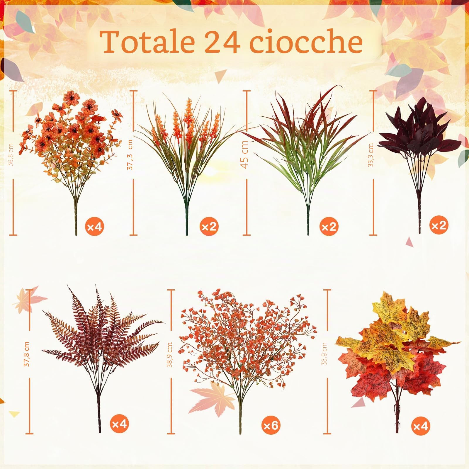24 Mazzi Fiori Finti Autunnali da Esterno Piante Finte Rami di Foglie | Dremisland Artificiali Bouquet D'acero per matrimoni Decorazioni Autunnali Casa Giardino Arancione Giallo per Veranda