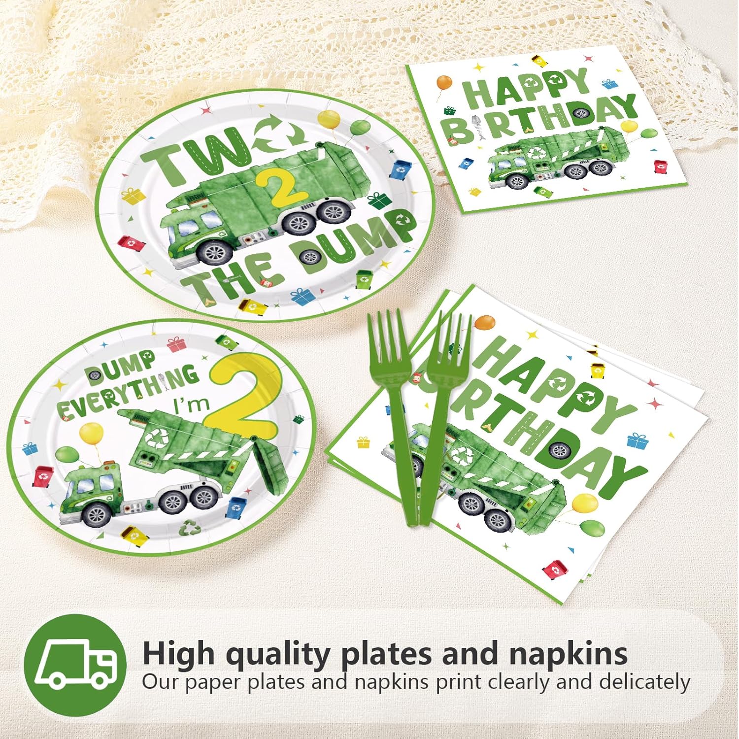 96Pcs Trash Truck 2nd Birthday Party Decoration Green Garbage Truck Plates and Napkins Two The Dump Tableware Set for 2 Years Old Kids Boys Recycling Rubbish Trucks Birthday Party Supplies Serves 24