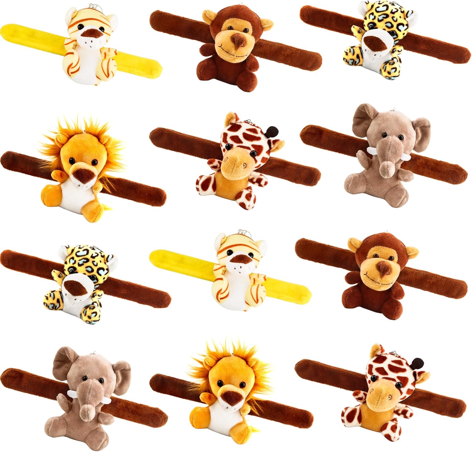 12 Pack Stuffed Animal Slap Bracelet Small Jungle Animal Plush Wrist Slap Band Toys 4 Inch Cute Plush Safari Animals Slap Bracelet for Birthday Animal Themed Party Favors, 6 Styles