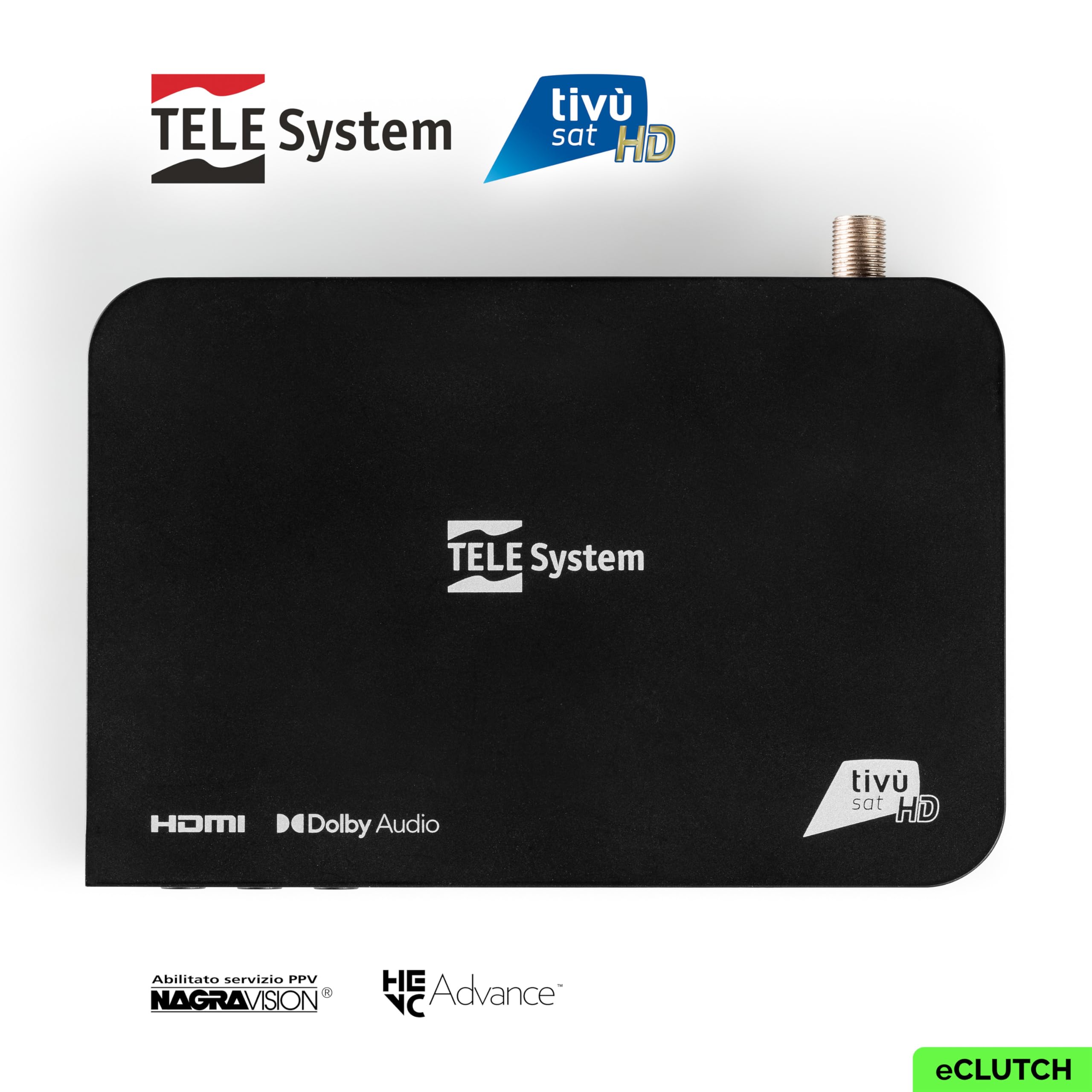 TELE System Décodeur Satellite TS9019HEVC, Carte à Puce Tivùsat Classic Incluse, certifié DAZN, Plus de 70 chaînes HD gratuites, Serie A sur DAZN1 et DAZN2, Mise à Jour Automatique des chaînes