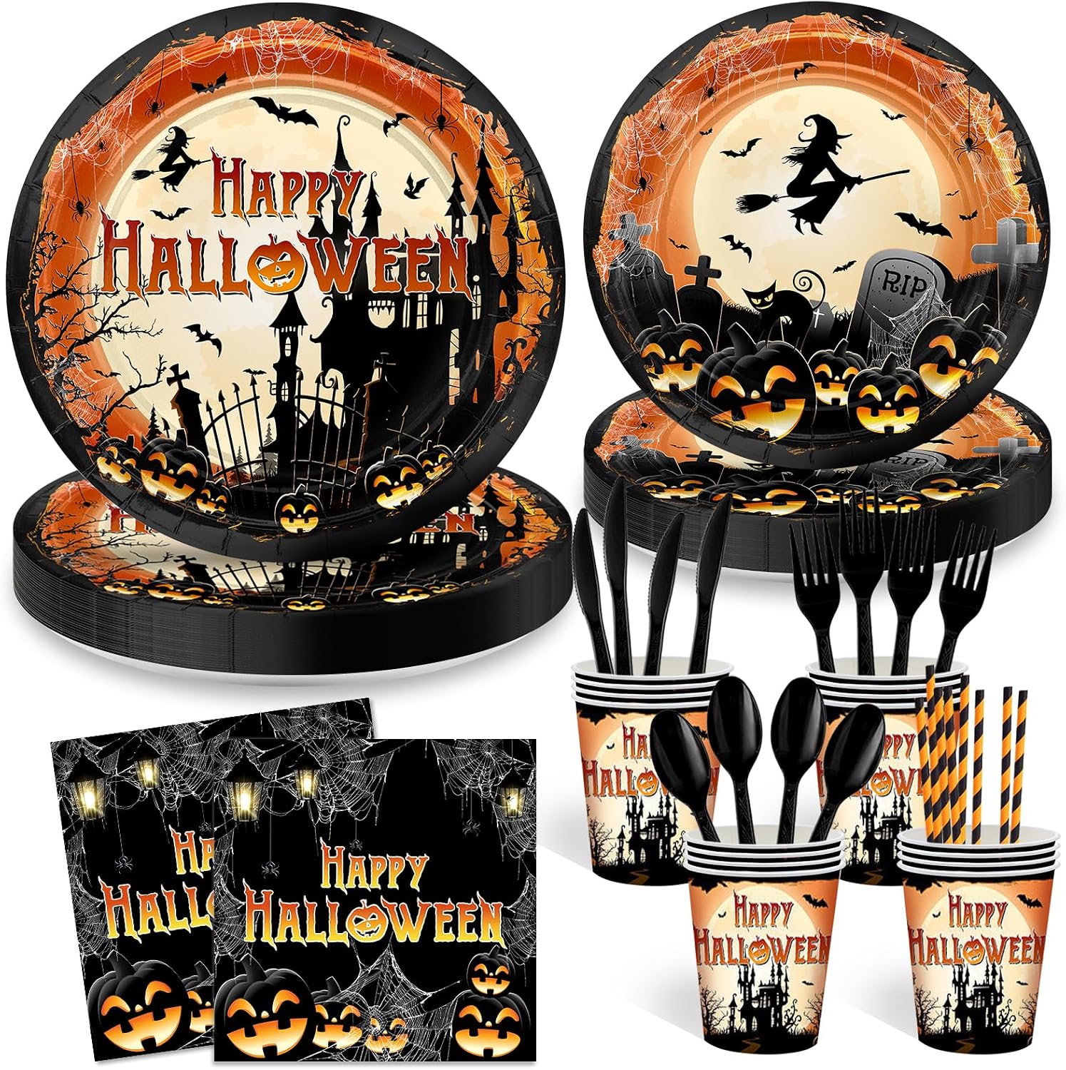 Avezano 192 Pcs Halloween Paper Plates and Napkins Happy Halloween Party Decorations Tableware Scary Moon Night Birthday Baby Shower Holiday Party Decor Serve 24 (Orange)