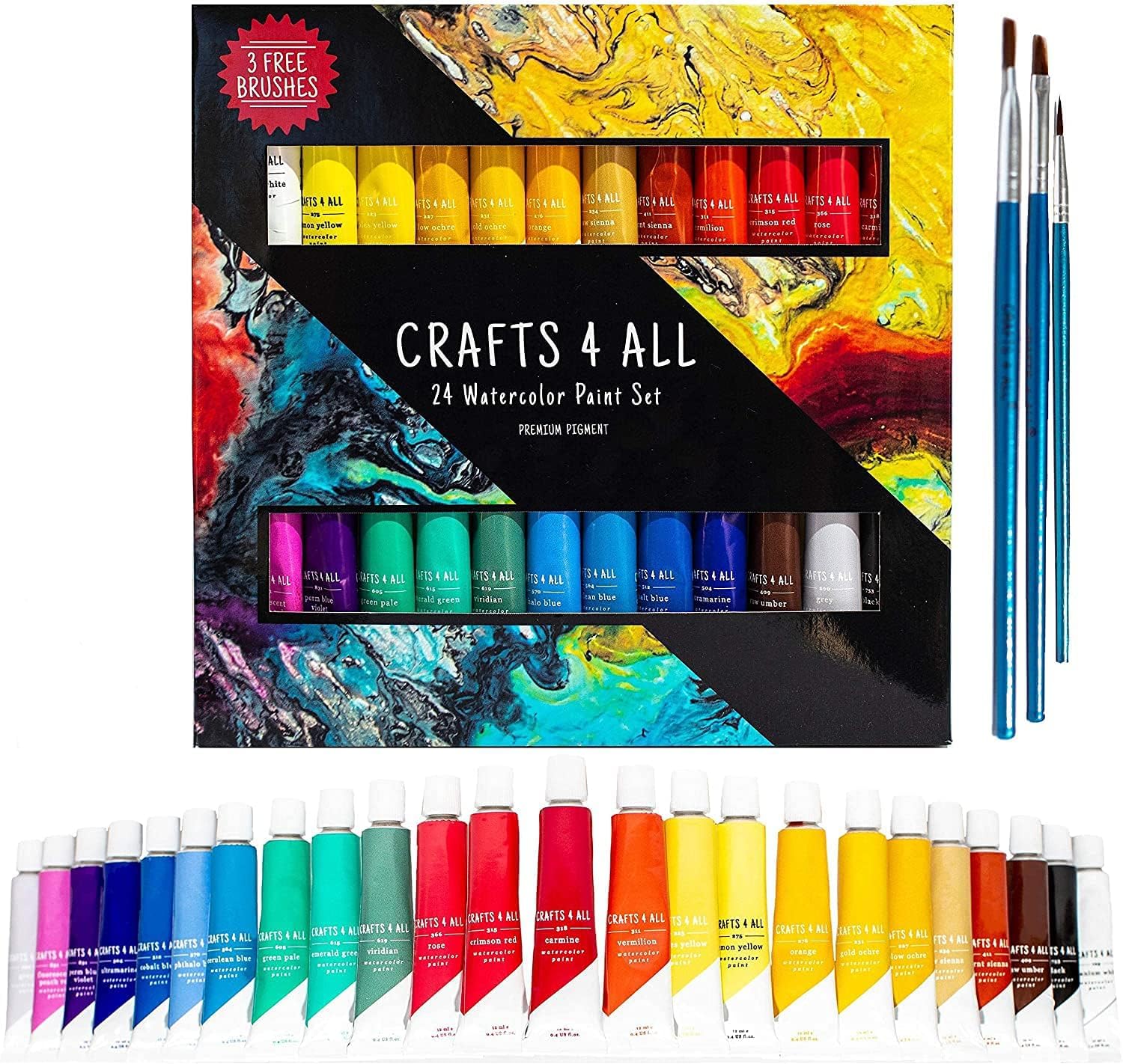 KWARE Crafts 4 ALL Watercolour Paint Set - 24 Pack of Premium Quality Watercolours for Kids, Artists, Students, and Beginners – Vibrant Paints w/ 3 Bonus Water Colour Paintbrushes (12 Ml 24 Piece set)