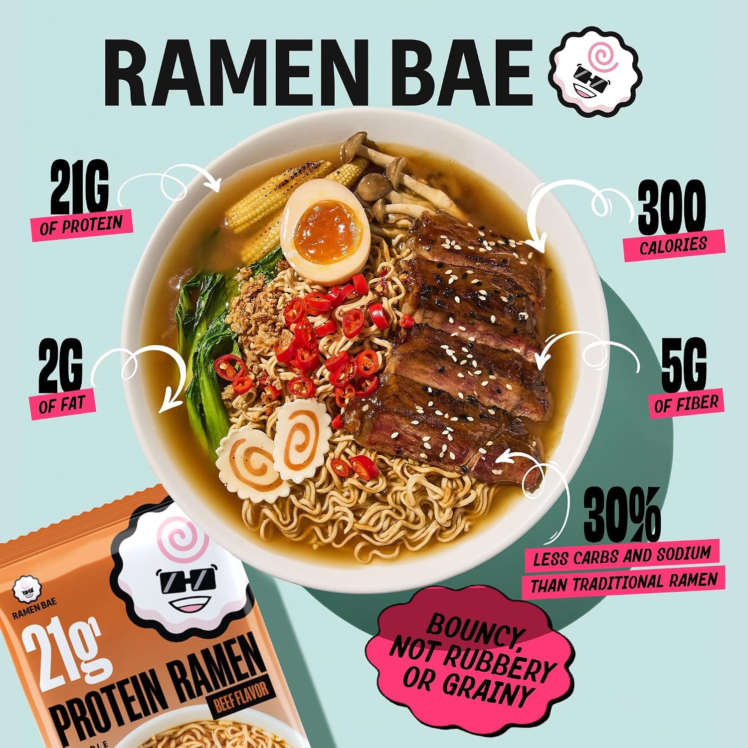 Ramen Bae High Protein Ramen Noodles - Beef Flavor 21g Protein Soup - Air Dried Not Fried, Plant Based, Vegan Ramen Protein Noodles - Low Carb, Sodium & Fat - Savory Roasted Beef Broth (Pack of 6)