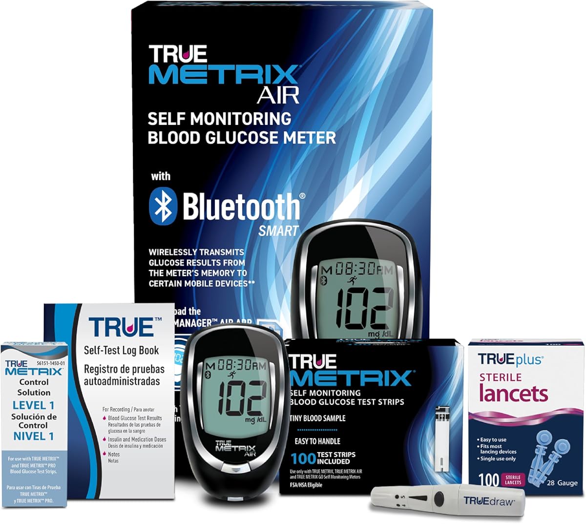 Kit de medidor de AIRE, monitor de glucosa, suministros, libro de registro, solución | Medidor de glucosa en sangre compatible con Bluetooth, estuche, 100 tiras reactivas, 100 lancetas, dispositivo de punción, solución de control, libro de registro
