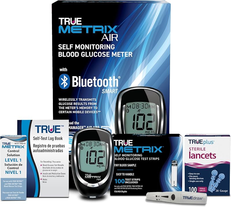 Kit de medidor de AIRE, monitor de glucosa, suministros, libro de registro, solución | Medidor de glucosa en sangre compatible con Bluetooth, estuche, 100 tiras reactivas, 100 lancetas, dispositivo de punción, solución de control, libro de registro