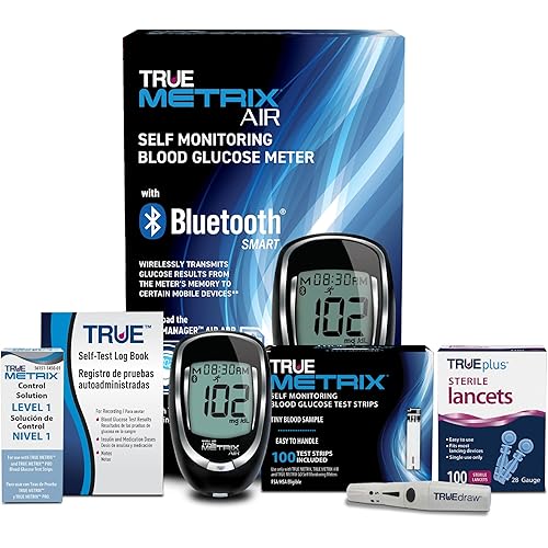 TRUE METRIX AIR Meter Starter Kit - Blood Glucose Meter, Case, 100 Test Strips, 100 Lancets, Lancing Device, Control Solution, Log Book - Fast, Easy Testing Supplies for Home Use