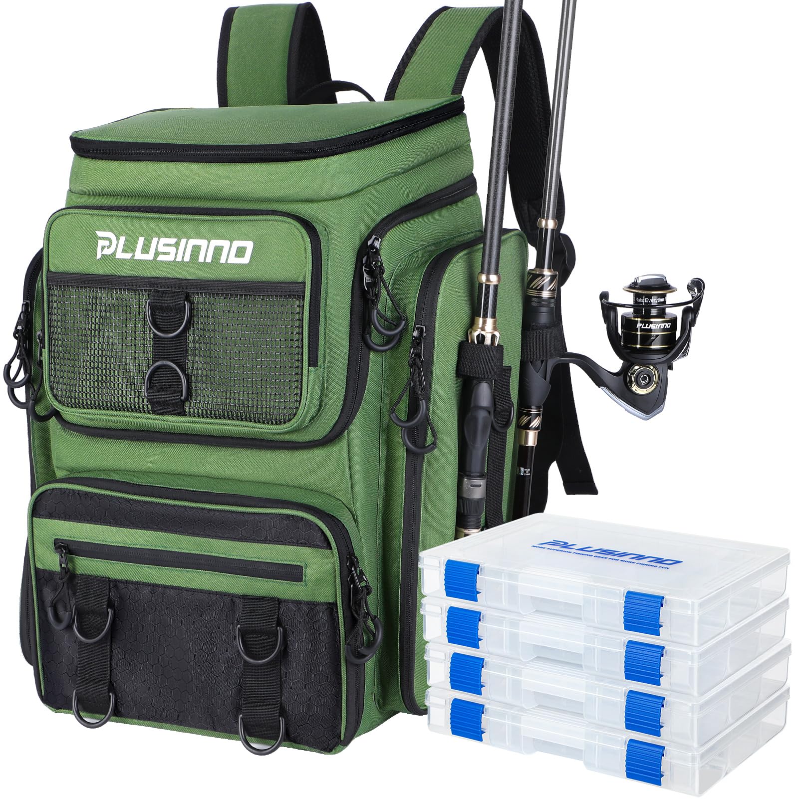 PLUSINNO Fishing Backpack with Rod Holders Tackle Box, 42L Large Water-resistant Fishing Tackle Bag Store Fishing Gear