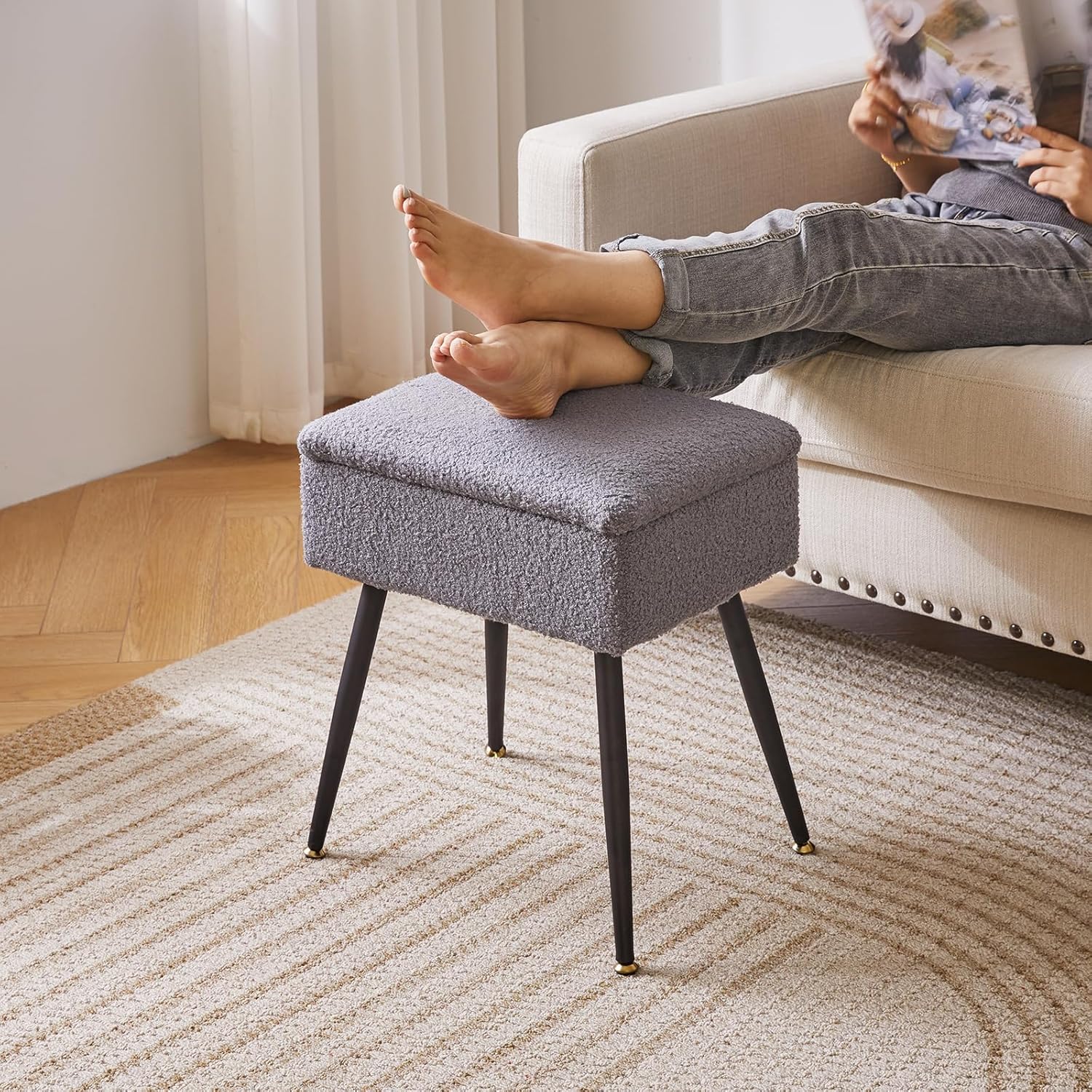 Aibiju Vanity Stool Chair Teddy Velvet with Storage, Grey Ottoman with Storage, Furry Padded Stool with 4 Metal Legs, 15.7" L x 11.8" W x 18.1" H Mushroom Ottoman for Makeup Bedroom Gray YD-SMS137G