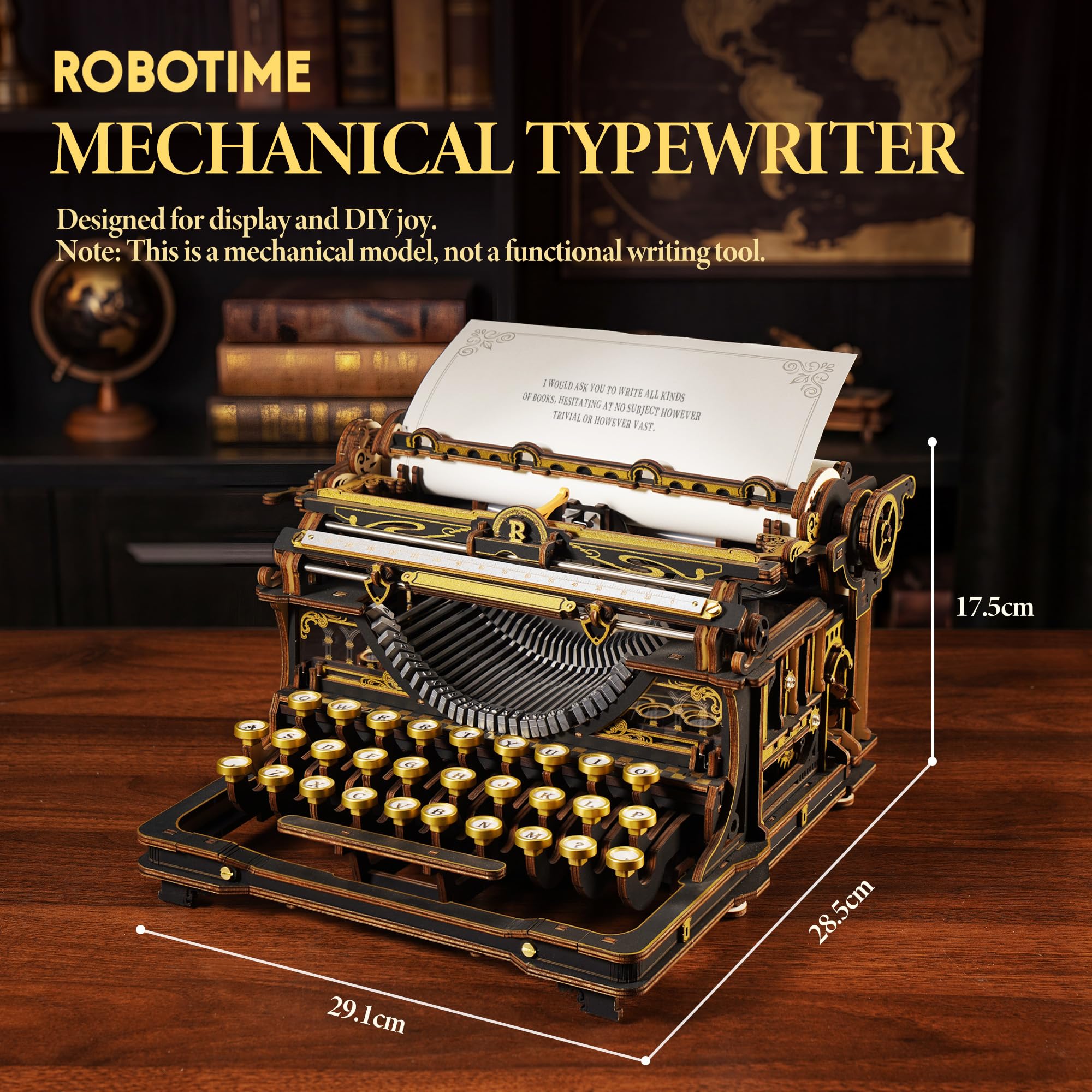 ROBOTIME Drewniane puzzle 3D, mechaniczna maszyna do pisania dla dorosłych – zestaw modelarski w stylu vintage, z ruchomymi przyciskami i wałkiem papierowym, dekoracja biurka, prezent, LK703B (czarne)