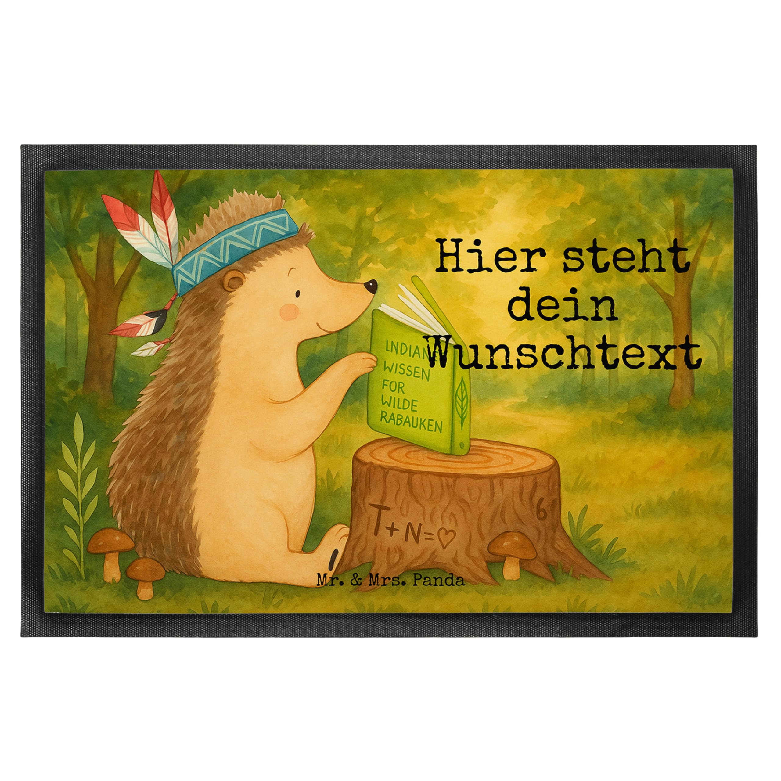 Mr. & Mrs. Panda Fussmatte mit Namen Igel Federschmuck Design 40 x 60 cm - Geschenk, Personalisierte Eingangsmatte, Lagerfeuer, personalisiert, Fußmatte, Abenteuer, Indianer, Camping, personalisierbar