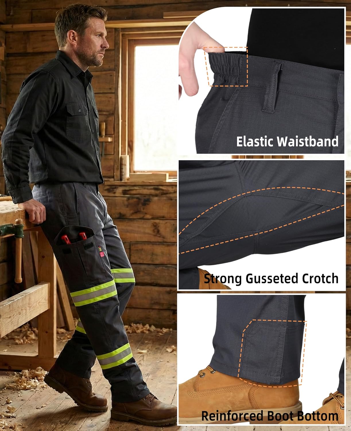 BOCOMAL Men's FR Pants Reflective High Visibility Cargo Pockets Relaxed Fit 7oz Lightweight Ripstop Flame Resistant Work Pant