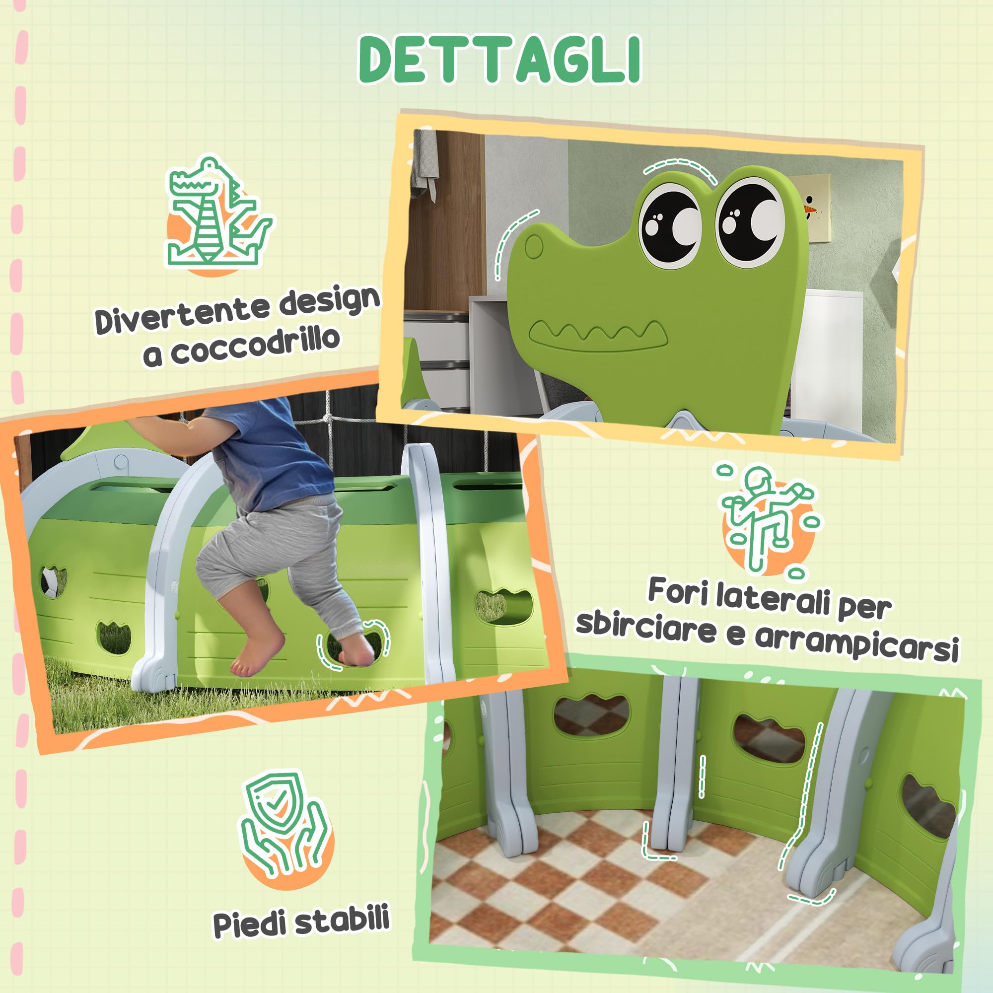 AIYAPLAY Tunnel da Gioco per Bambini 3-6 Anni a Forma di Coccodrillo, Tunnel Gioco da Interno ed Esterno in Plastica, Modulabile in Diverse Forme, Adatto per Asilo e Parco Gioco, Verde