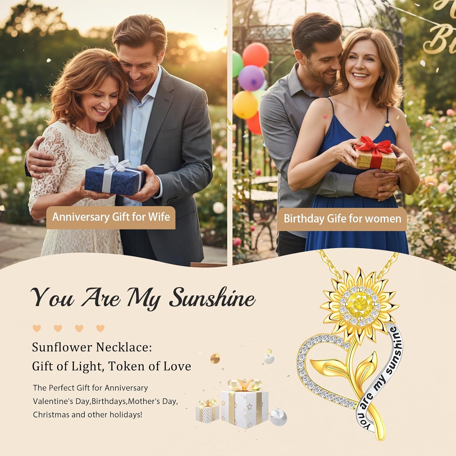 Valentine's Day Gift for Her-18k Gold Plated Sunflower Necklace for Women Wife Anniversary Birthday Gifts for Wife Her You Are My Sunshine Pendant Necklaces Gold Jewelry Gifts for Girlfriend Mom - Image 5