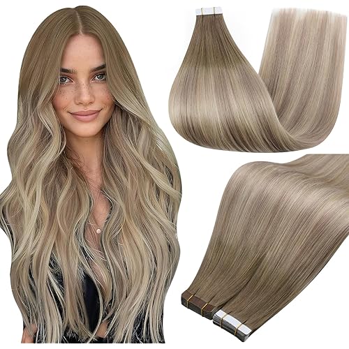 Full Shine Tape in Extensions Human Hair 20Inch Tape in Hair Extensions Balayage Color 8 Ash Brown Ombre 18 Ash Blonde And 60 Platinum Blonde Human Hair Extension 50G 20pcs Seamless Skin Weft Tape ins