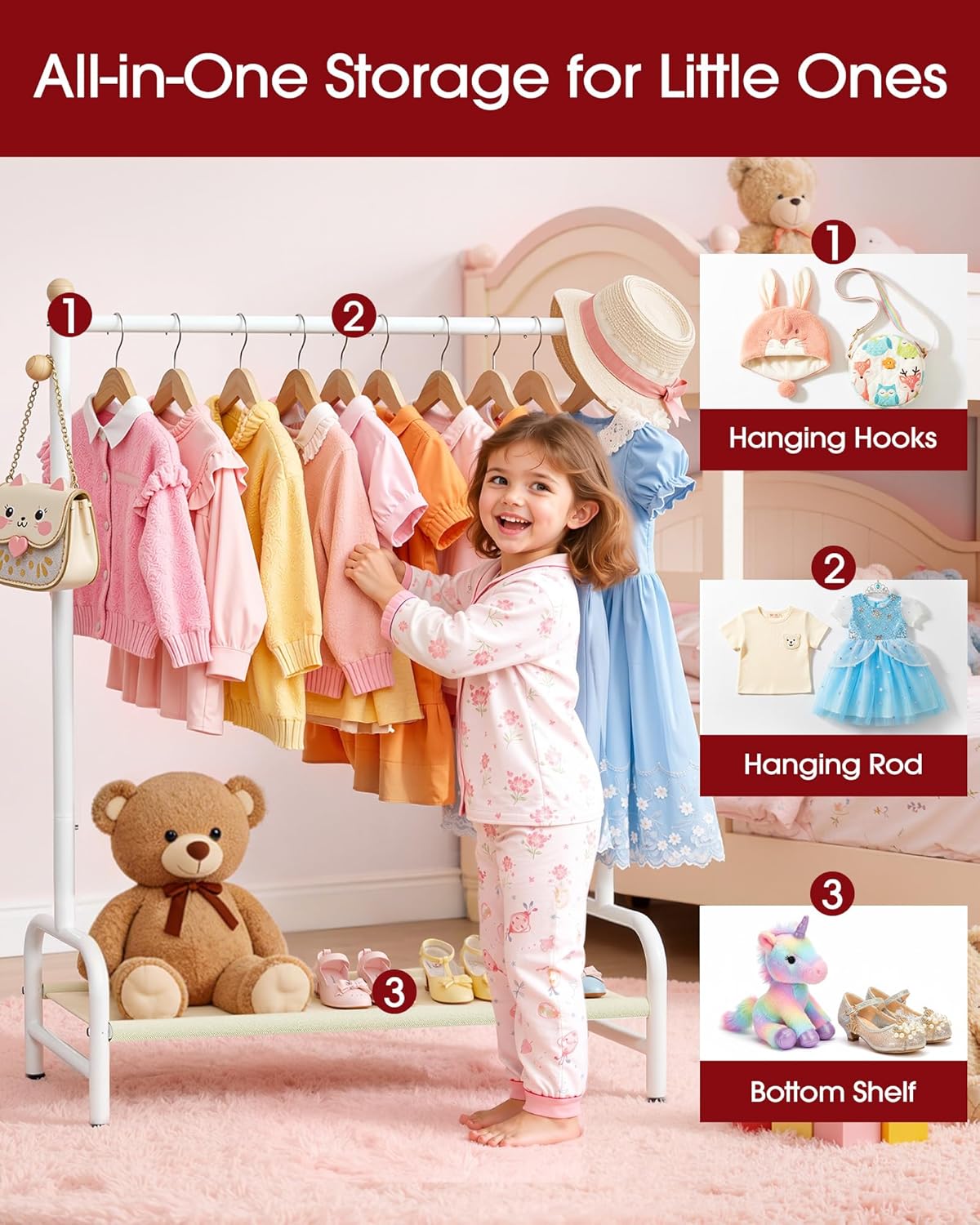 Clothes Rack - Sturdy Metal Kids Clothing Rack with Bottom Storage Shelf & Adjustable Feet, Dress Up Storage for Toddler's Bedrooms, Nurseries, Playrooms, 31" x 12.5" x 47.8", White White 31" x 12.5" x 47.8"