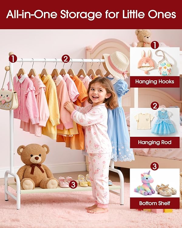 Sakugi Clothes Rack - Sturdy Metal Kids Clothing Rack with Bottom Storage Shelf & Adjustable Feet, Dress Up Storage for Toddler's Bedrooms, Nurseries, Playrooms, 31" x 12.5" x 47.8", White by Sakugi - Image 2
