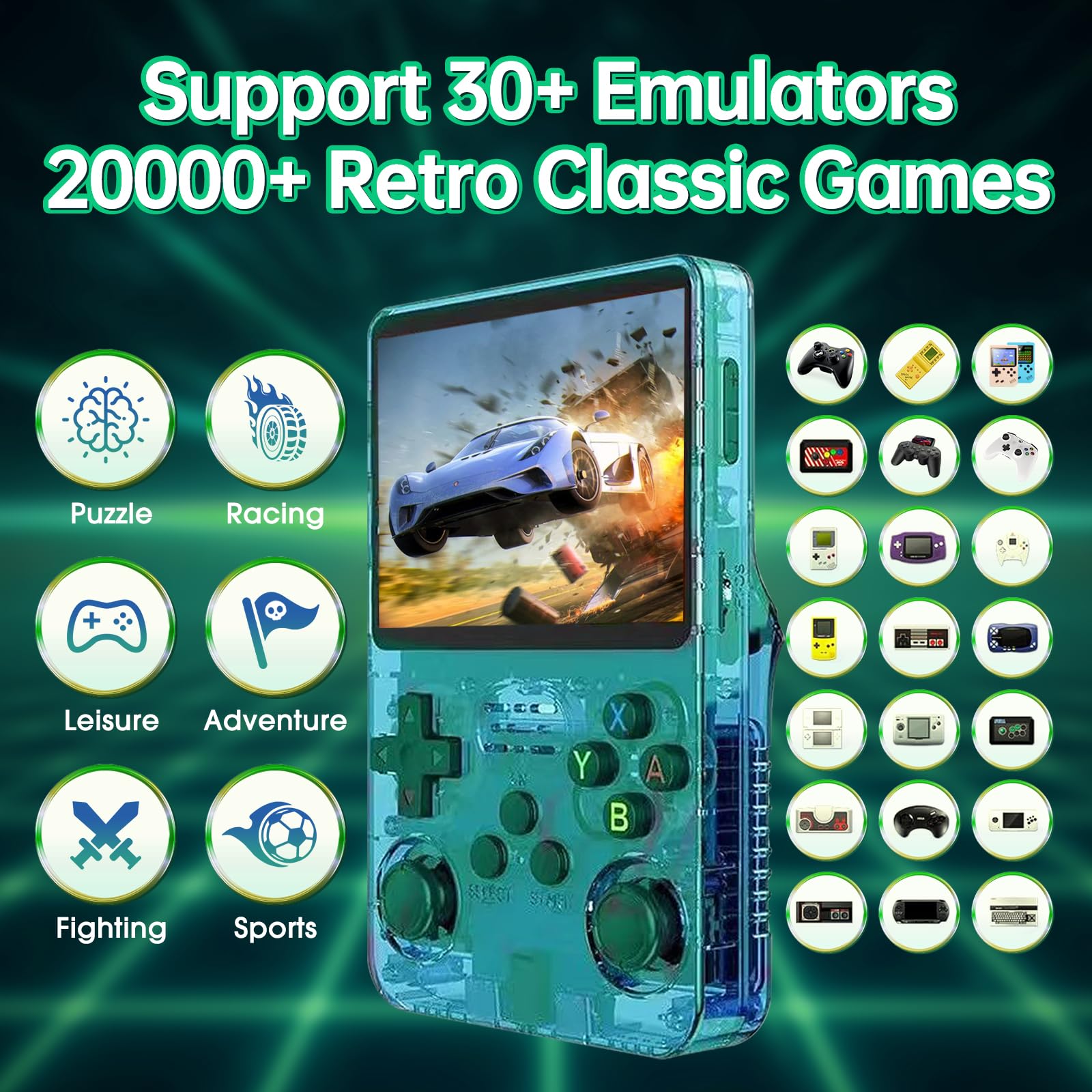 Febotak R36S - Console da gioco retrò portatile con schermo IPS da 3,5", 128 GB di memoria, oltre 40.000 giochi, basato su LINXU Open Source ARKOS, batteria da 3500 mAh (Macaron verde trasparente)