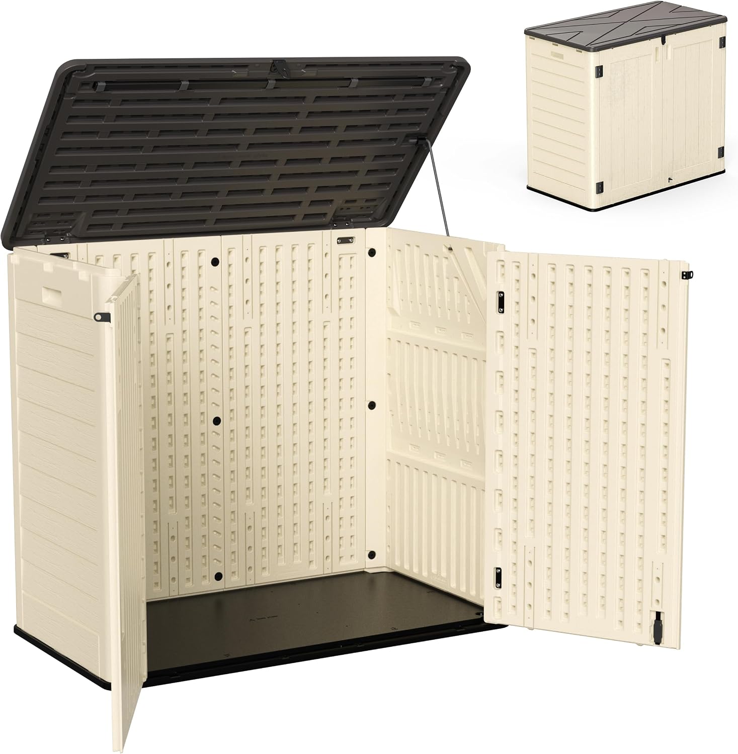 Allpop Outdoor Storage Shed, 31 Cu.Ft Resin Horizontal Storage Cabinet for Trash Cans, Patio & Garden, Khaki