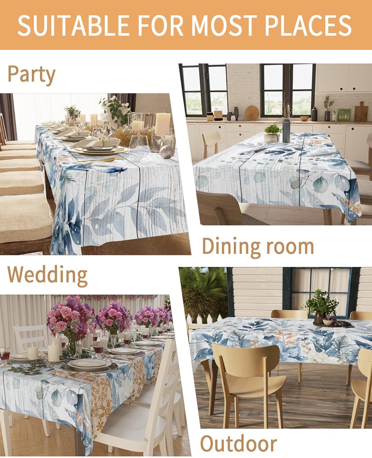 Rustic Christmas Tablecloth Rectangle Table Cloths 60 x 84, Waterproof Tablecloth Outdoor Washable Table Cloth Table Cover for Kitchen Dinning Tabletop Winter Blue Poinsettia Eucalyptus Leaves Berry