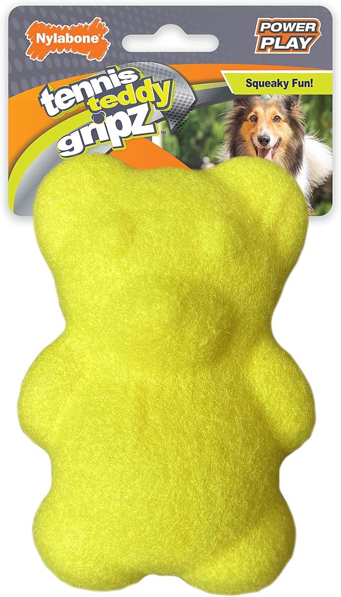 Power Play Tennis Teddy Gripz Dog Fetch Toy, Medium | Material de fieltro, suave con los dientes, juguete para perros chirriante, fácil de recoger para los perros, ideal para ir a buscar, lindos juguetes interactivos para perros