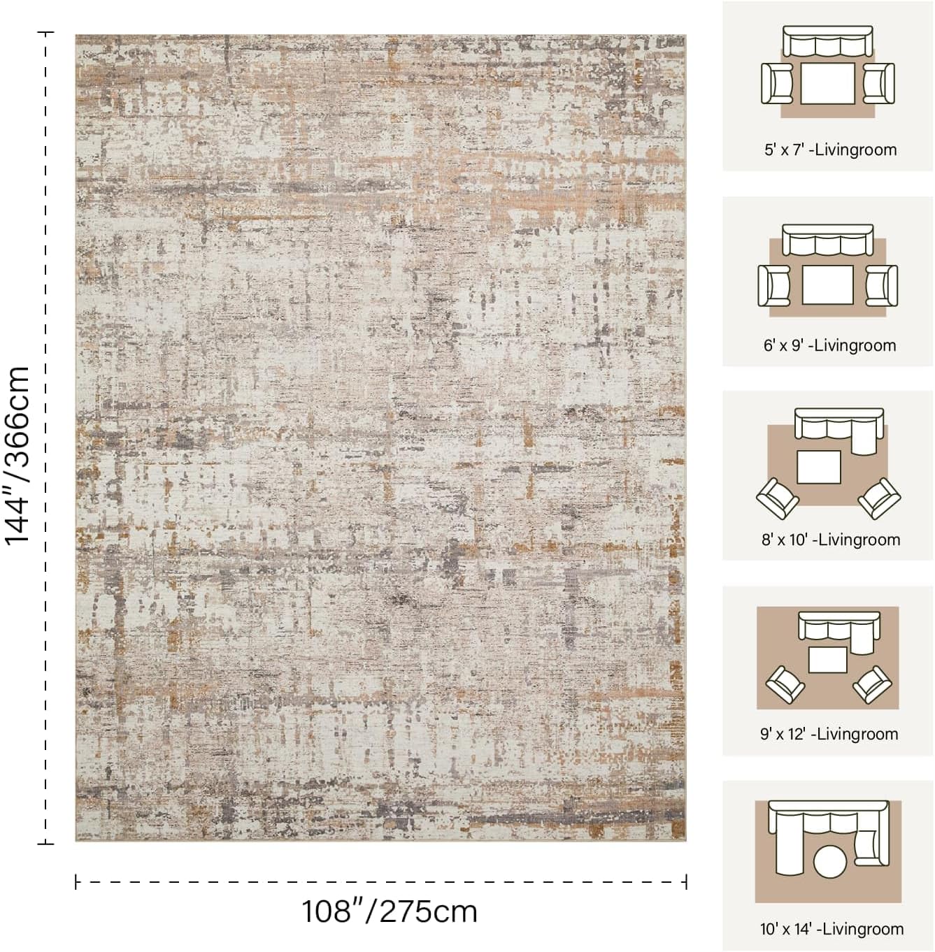 9x12 Area Rug for Living Room, Extra Large Washable Rug, Soft Neutral Abstract Rug for Bedroom, Office, Farmhouse, Low Pile Imitation Wool Non Slip Carpet Ideal for High-Traffic Areas, Beige Grey Beige Grey 9' x 12' (Rectangular)