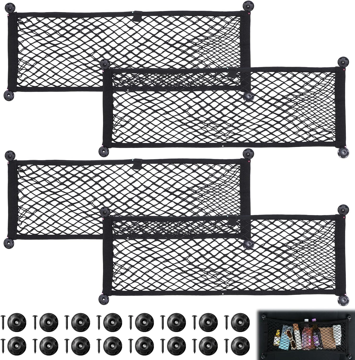 4 Pcs Stretchable Small Cargo Net Pocket Storage Mesh Net Elastic Automotive Cargo Netting with 16 Pcs Mounting Screws and Hooks for Truck Car SUV Boats 9.8x29.5 Inches