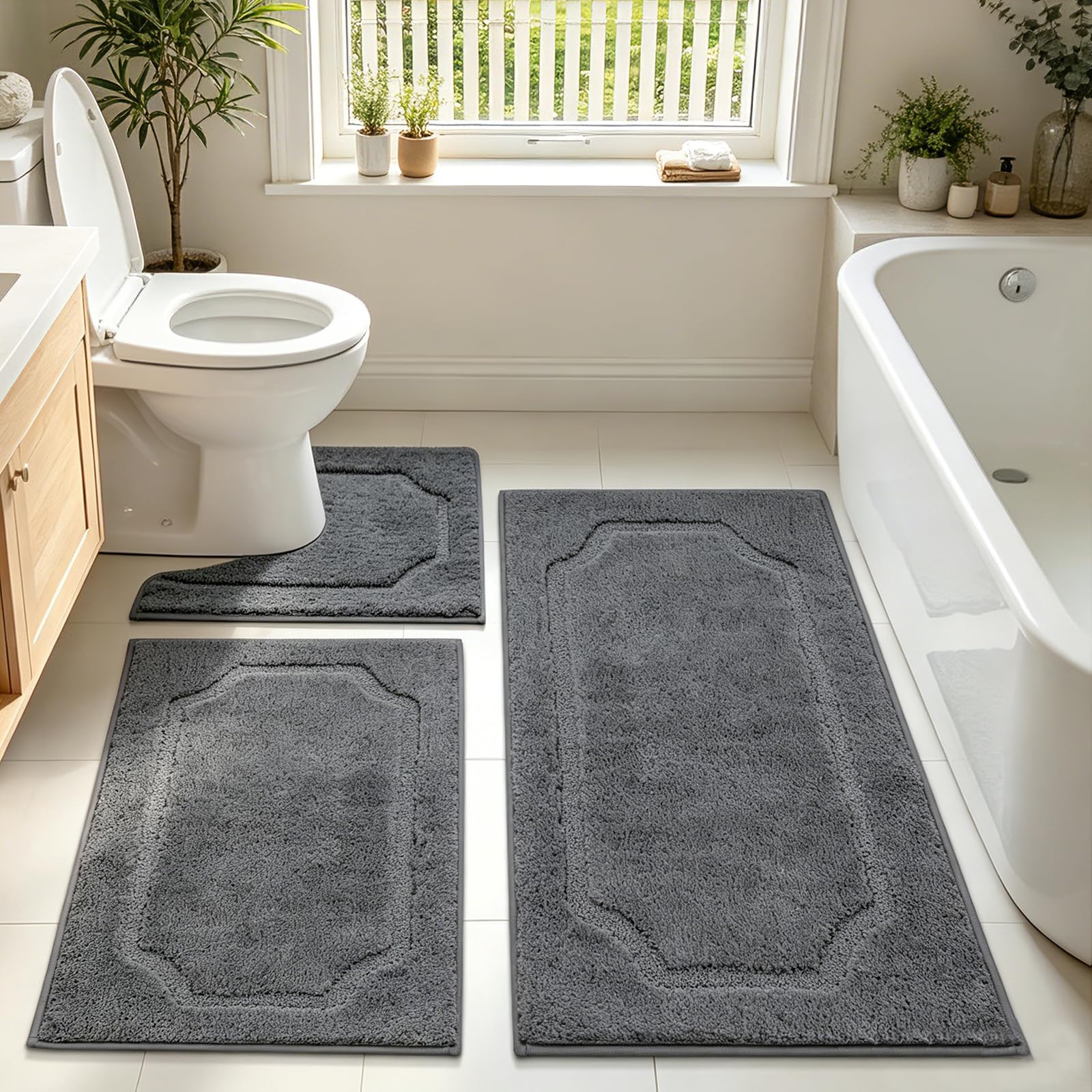 Set di 3 tappetini da bagno antiscivolo e antimuffa, lavabili