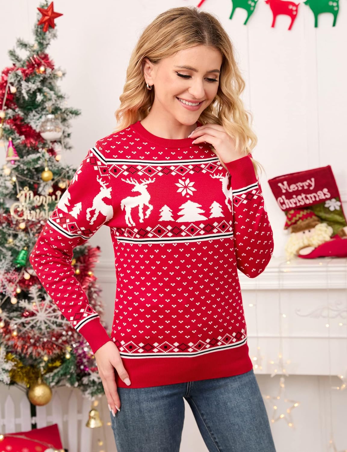 MISSKY Family Christmas Sweater Crew Neck Reindeer Snowflakes Knitted Pullover for Women/Men/Kids - Image 2