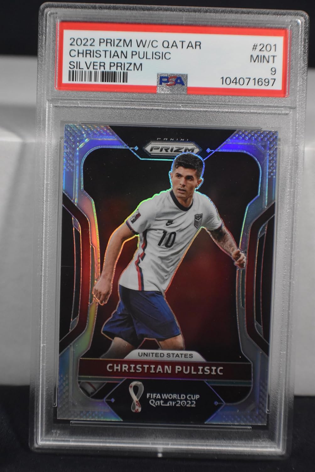 CHRISTIAN PULISIC 2022 Panini Prizm FIFA World Cup Qatar Soccer #201 SILVER PRIZM PARALLEL Card PSA Graded Mint 9 AC Milan USA United States