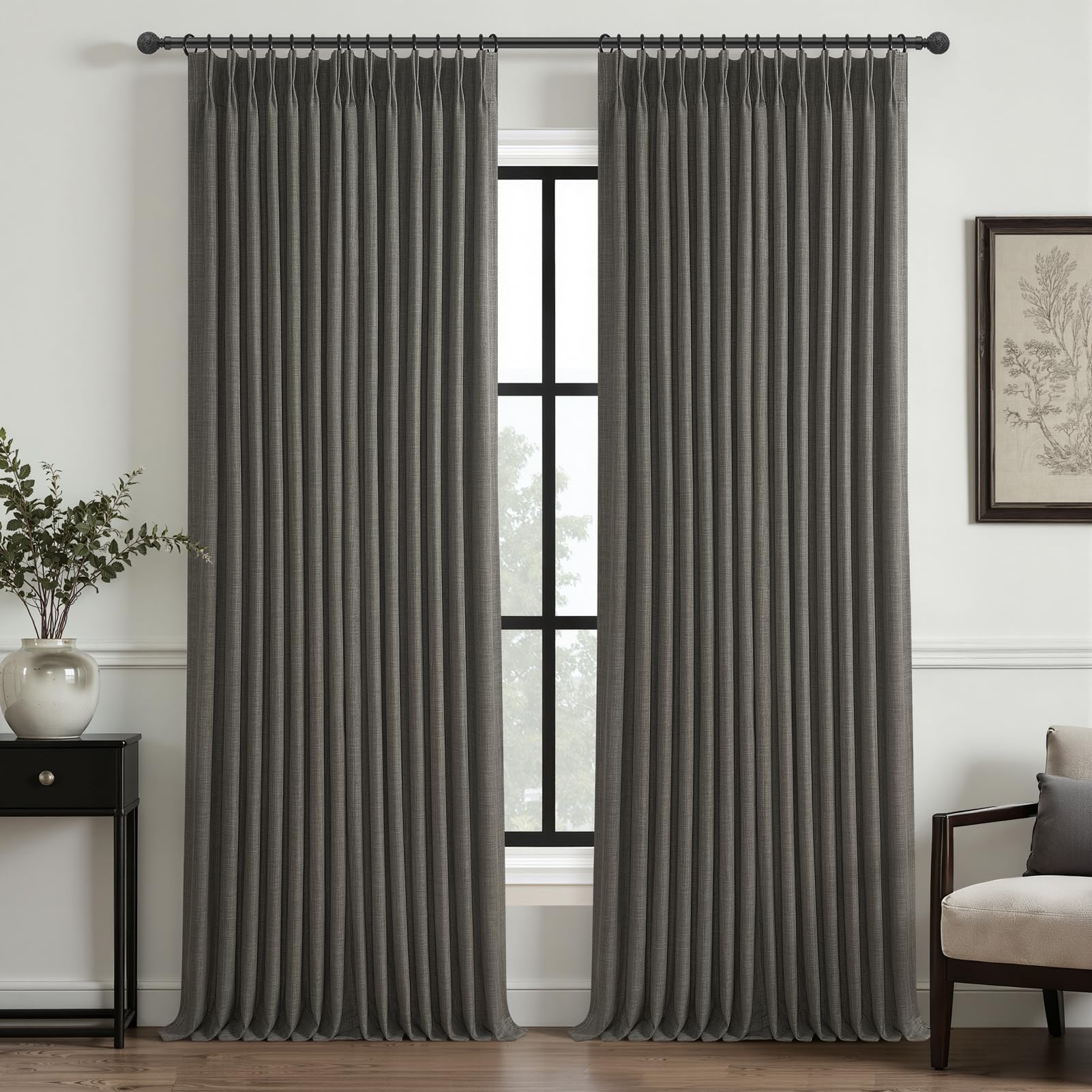 Extra Long Dark Grey Full Blackout Curtains & Drapes 108 Inches Long 2 Panels Set for Dining Room, Luxury Floor to Ceiling Pinch Pleated 2 Layer Linen Thermal Curtain 40x108 Inch Length with Back Tab — image 1