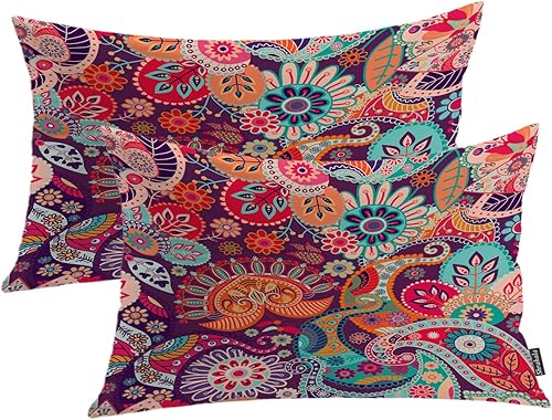 Shrahala Fundas de almohada decorativas indias de cachemira roja, patrón de flores chinas coloridas florales, étnicas indias asiáticas, fundas de