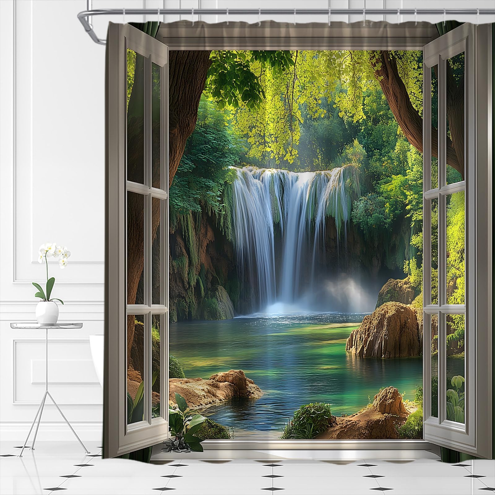 Uiyiui Multicolor-5 Waterfall Shower Curtain 47X71in/120X180/Wxh 3D Forest Green Tree Rainforest Tropical Jungle Natur Scenery Outdoors Lake River Fabric Bathroom Decor Curtains With Hooks