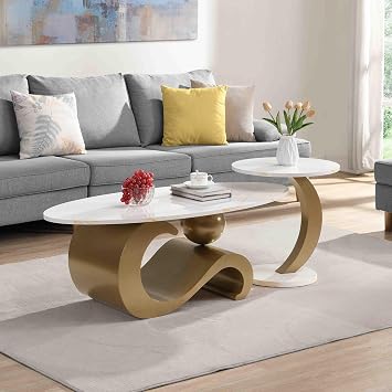Marble Nesting Coffee Table Set of 2,Modern Oval Center Tea Table and Round Side Nightstand Set w/Faux Marble Top and Metal Frame for Living Room Accent Furniture Gold