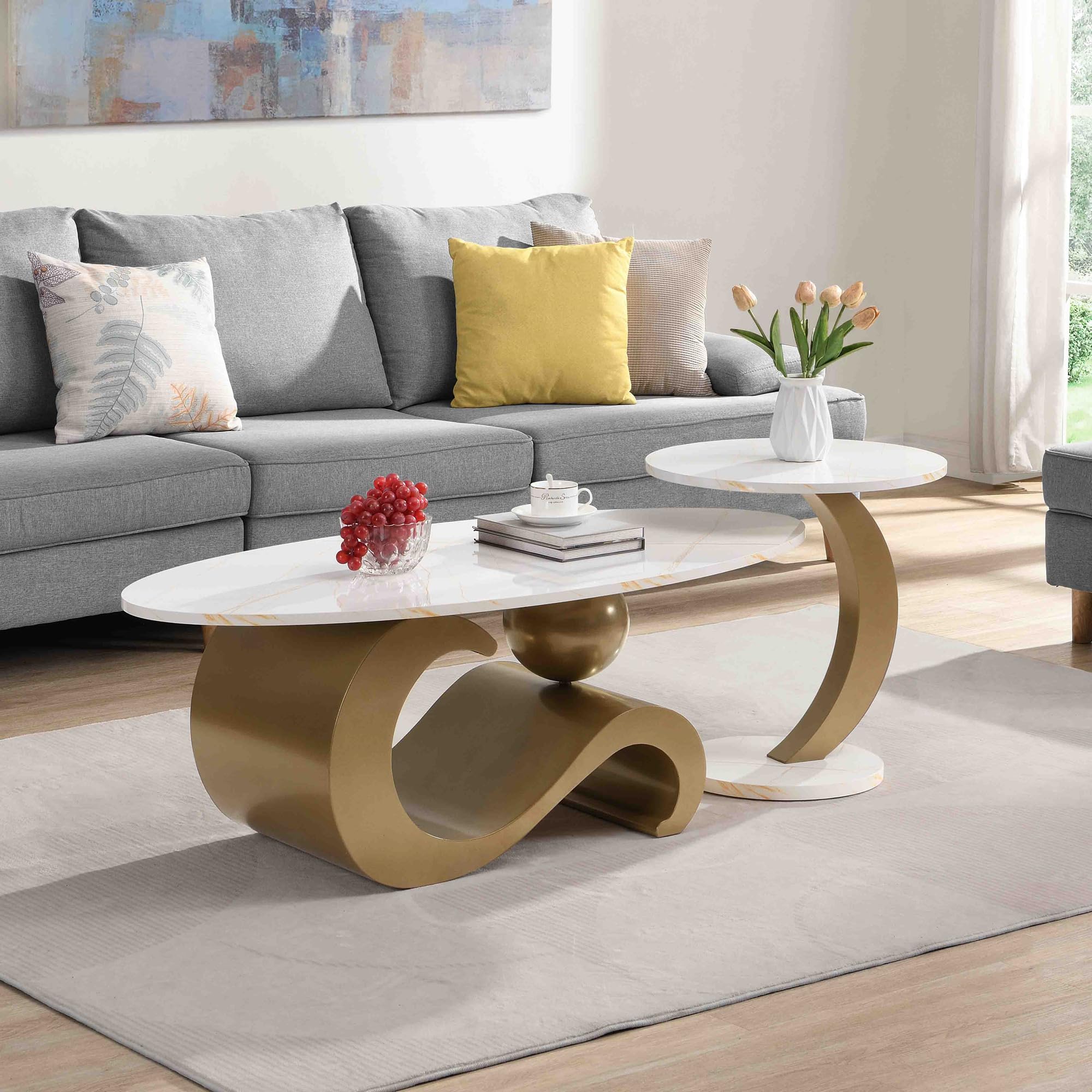Marble Nesting Coffee Table Set of 2,Modern Oval Center Tea Table and Round Side Nightstand Set w/Faux Marble Top and Metal Frame for Living Room
