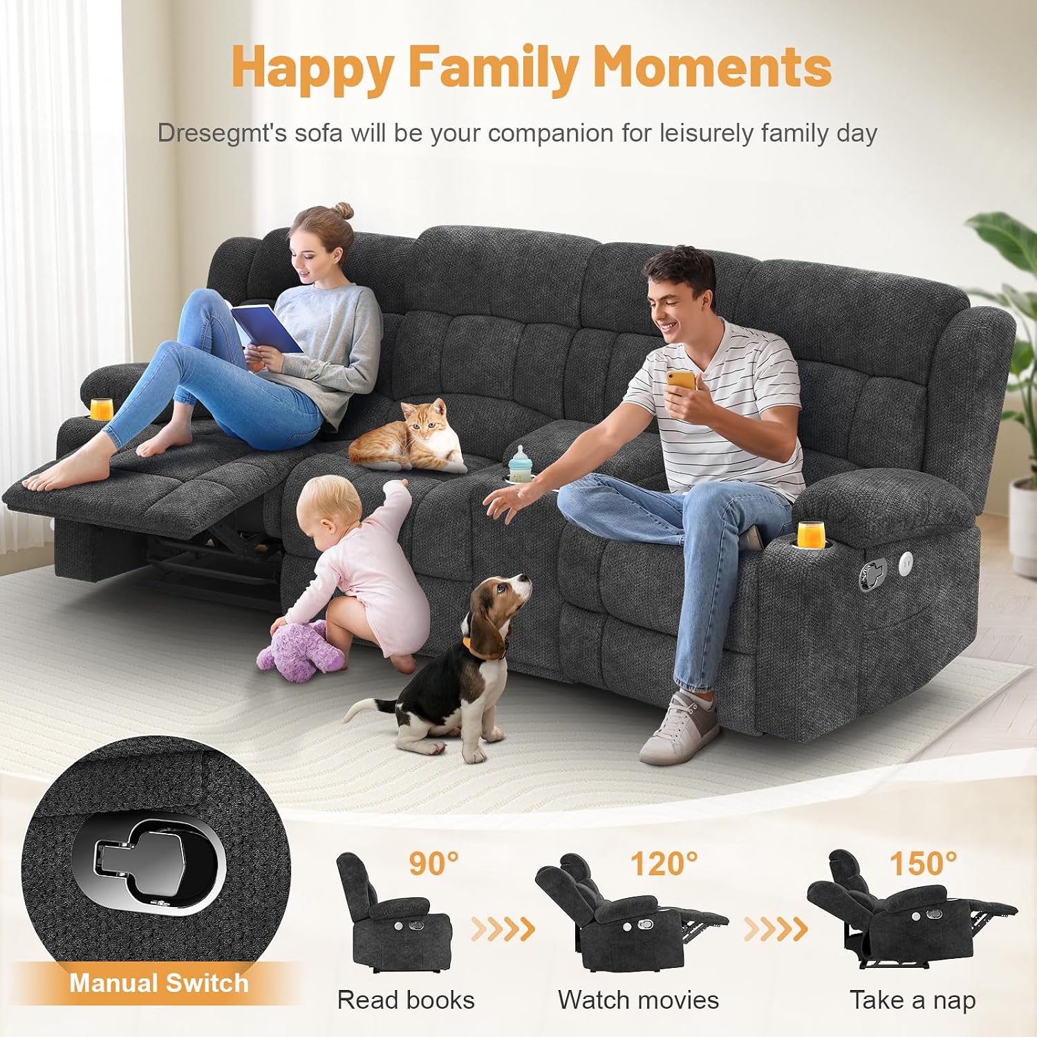 Dresegmt Recliner Sofa Set with Storage Console, Flip Middle Backrest Design 3 Seater Reclining Sofa and 2PC Single Recliner Chair, Manual Couches for Living Room (Gray, 3 Seat+Console+1+1)