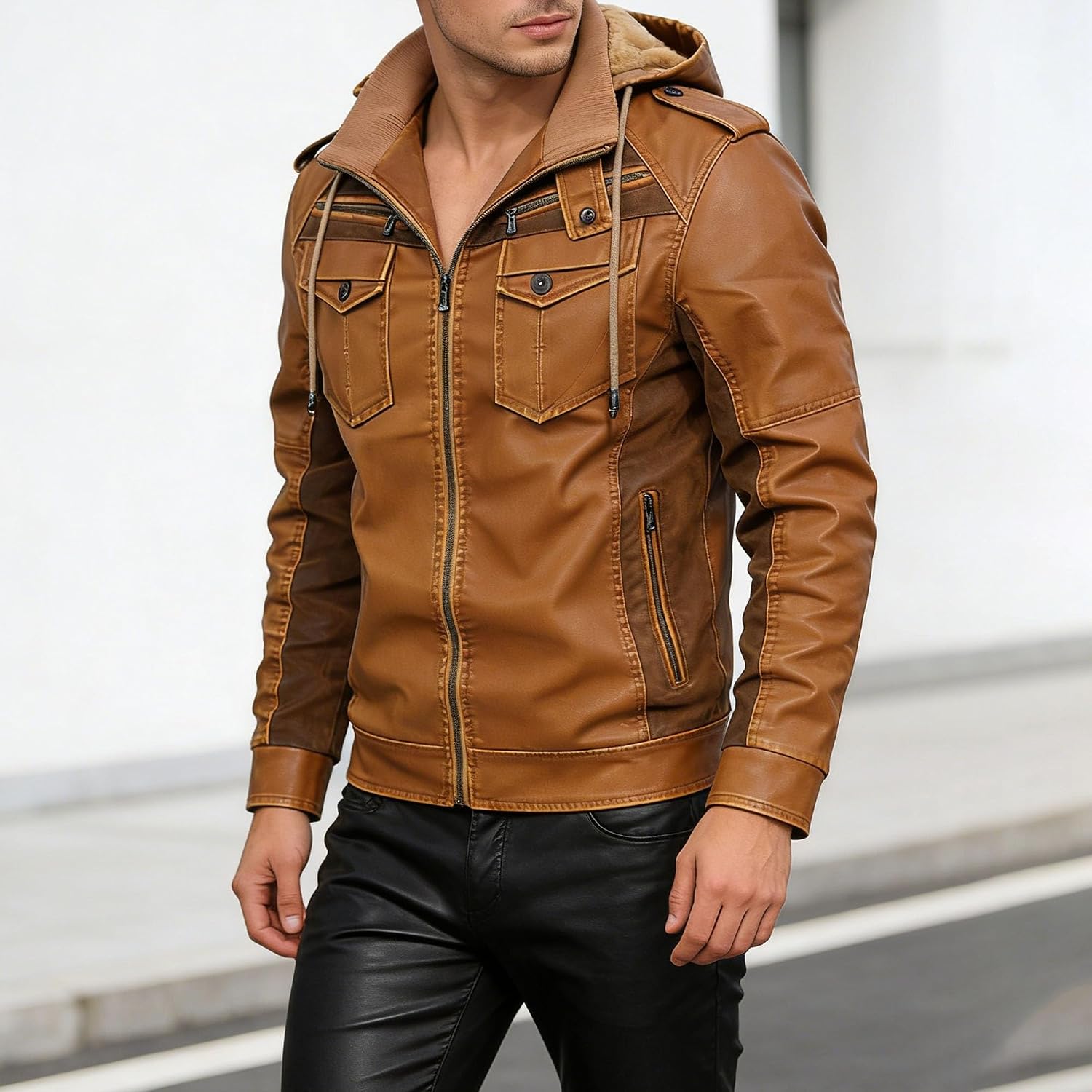 Maiyifu-GJ Men's Casual Leather Zip-Up Motorcycle Jacket Windproof Warm Faux Leather Biker Coat Outerwear