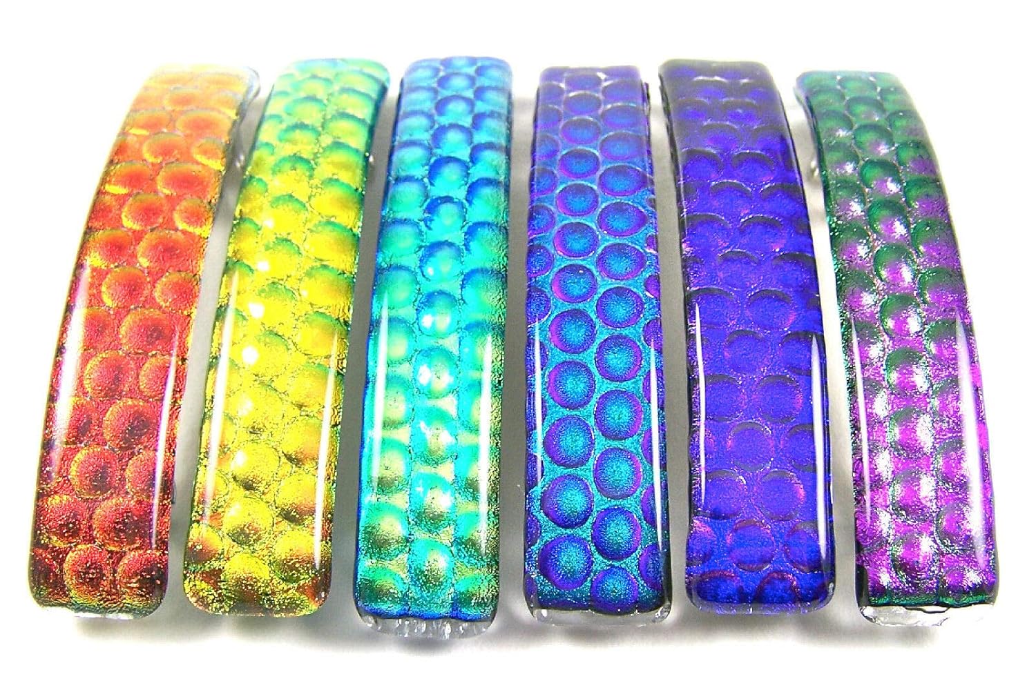 Dichroic Glass Hair Barrette - Large 3.5" / 90mm - Gold Golden Yellow Lime Green Peridot Verdigris Teal Highlights Fused Glass Bubbles Polka Dots Bumpy Circles Patterned Slide Clip Hair Accessories