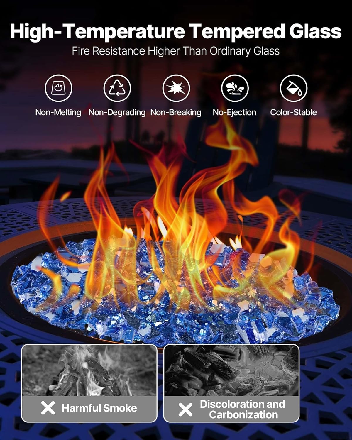 1/4-Inch Fire Glass, 10 LBS High-Temperature Tempered Fireplace Rocks for Gas Fire Pit,Fire Table and Aquarium Decoration,No Smoke No Ash,Cobalt Blue