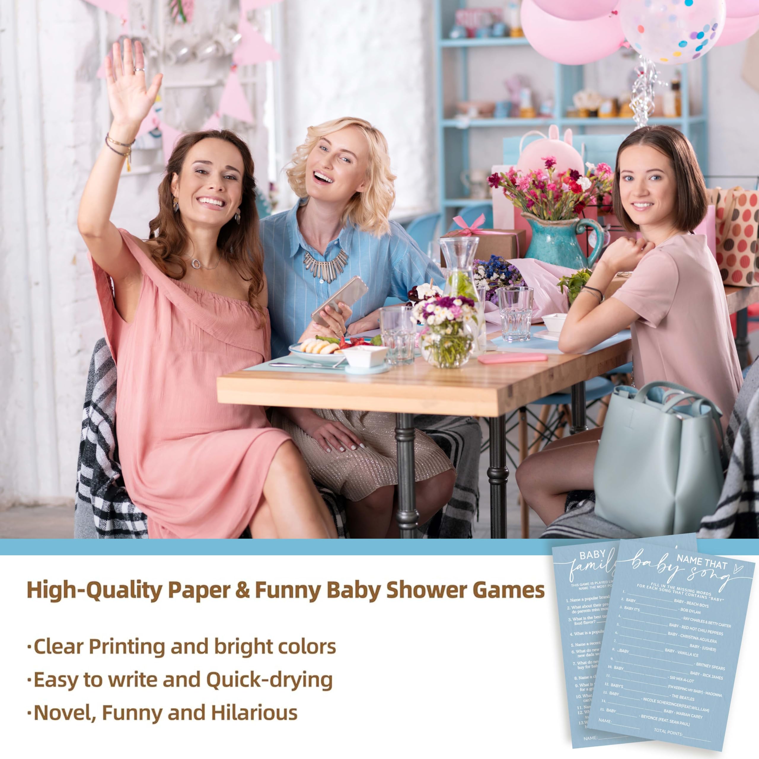 Gry na baby shower dla dziewczynki lub chłopca, 12,7 cm x 17,8 cm baby shower gry pomysły, niebieski minimalizm ujawnienie płci dekoracje imprezowe materiały - A11
