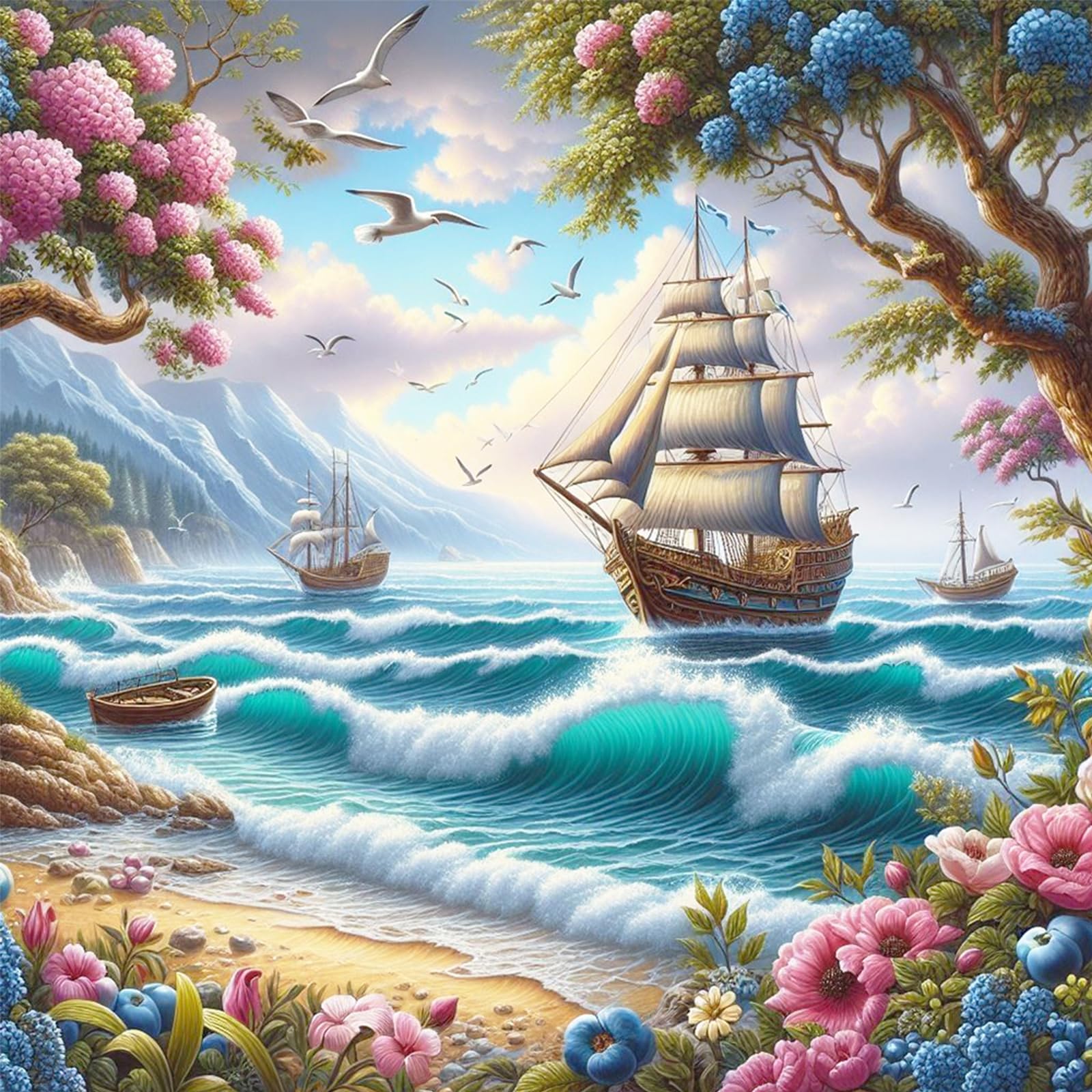 Poetrydraw Boat And Sea Boat & Sea Full Diy 5D Round Diamond Art Kit For Adults & Beginners 40X40cm Wall Decor