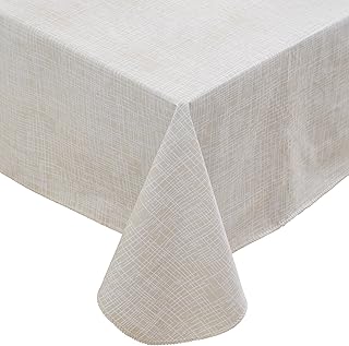 Heavy Duty Vinyl Tablecloth with Flannel Backing Waterproof Oil-Proof Plastic Table Cloth Stain-Resistant Wipeable Rectangle or Square Table Cover for Indoor and Outdoor (Beige Striped,52x70 Inch)
