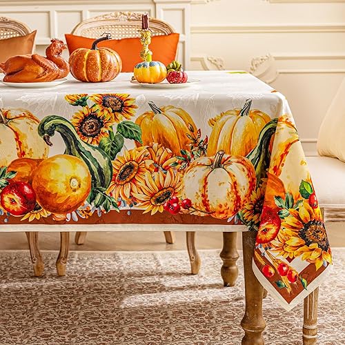 Softalker Mantel de jacquard de Acción de Gracias  Mantel rectangular de tela de poliéster de damasco de otoño, calabazas, girasoles y hojas,