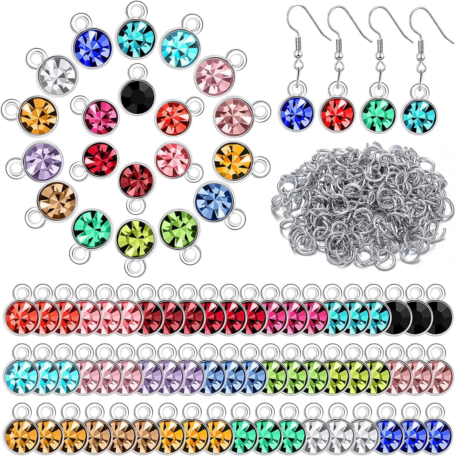 80 Pieces Crystal Birthstone Charms with 200 Jump Ring Handmade DIY Beads Pendant Mixed Color Birthstones for Jewelry Making Round Charms for Bracelets Necklaces Jewelry Findings (Bright Color)