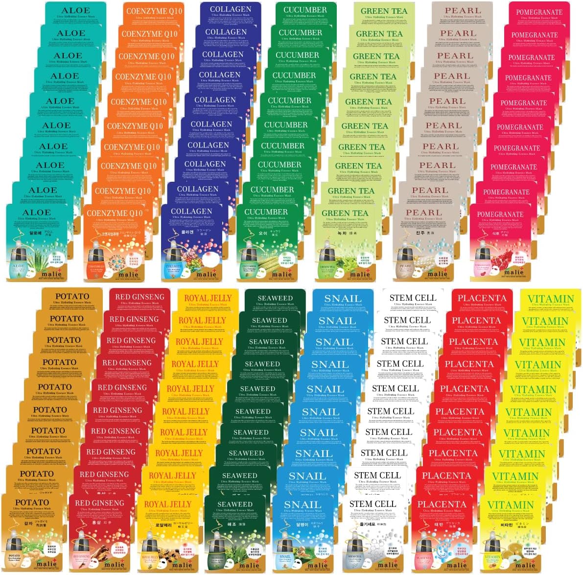 150 pcs Ultra Hydrating Essence Mask, Korean Essence Facial Mask Sheet (10 x 15 Types), 15 Minute Facial Skincare,Moisturizing Skincare