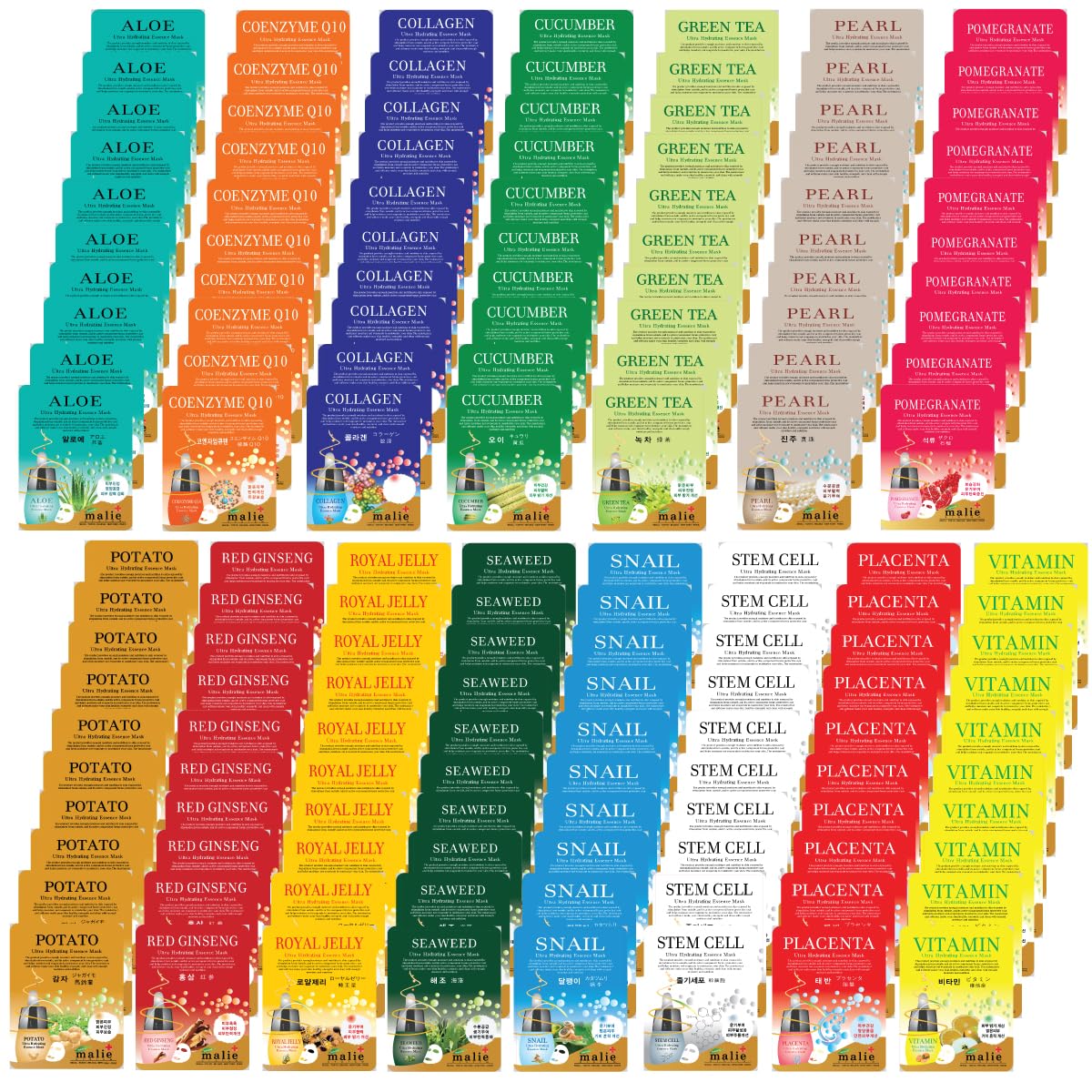 150 pcs Ultra Hydrating Essence Mask, Korean Essence Facial Mask Sheet (10 x 15 Types), 15 Minute Facial Skincare,Moisturizing Skincare