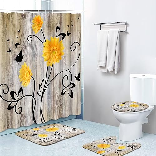 Juego de 4 cortinas de ducha, flores de primavera amarillas de madera vintage con alfombras antideslizantes, cubierta para tapa de inodoro y tapete